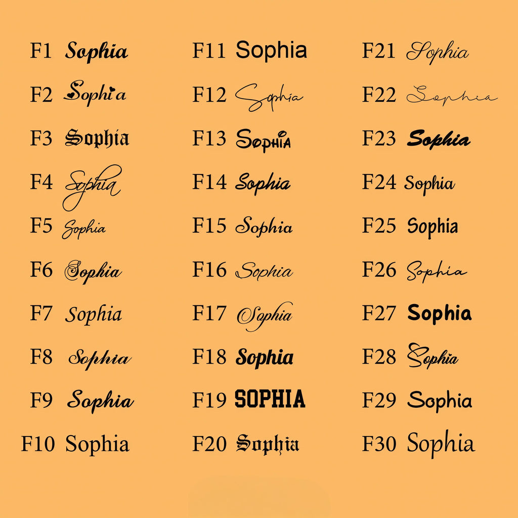 May include: A collection of 30 variations of the name "Sophia" in different fonts and styles, arranged in a grid on a light orange background. The text ranges from elegant cursive to bold, block lettering.