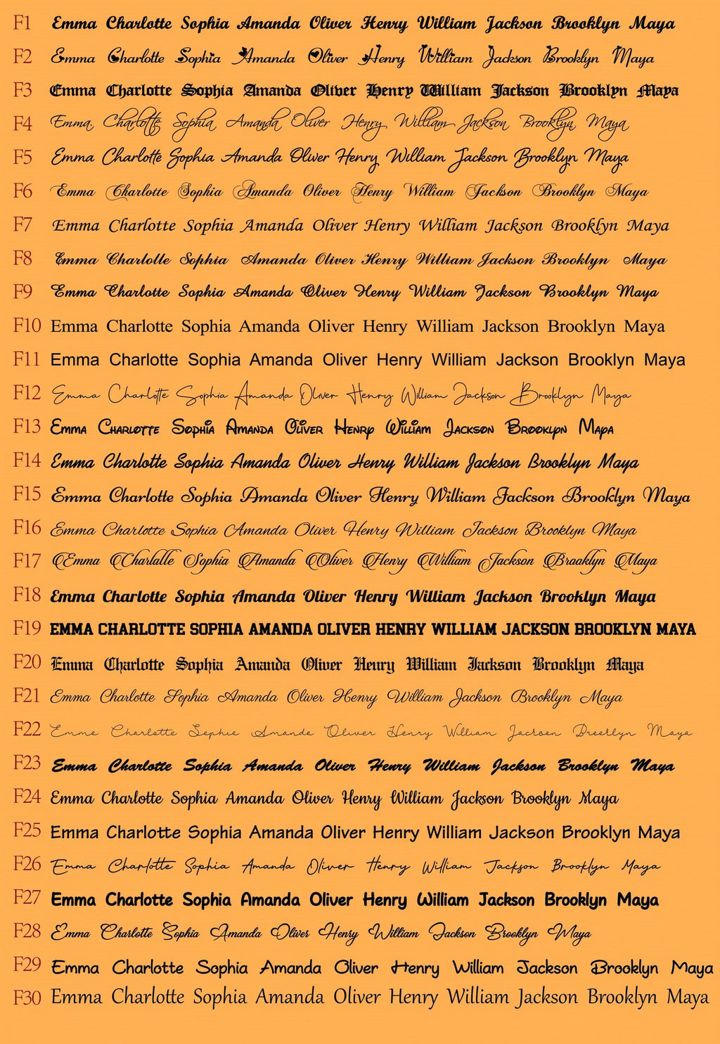 May include: An orange background displays multiple lines of text in various fonts. Each line contains the names "Emma Charlotte Sophia Amanda Oliver Henry William Jackson Brooklyn Maya".