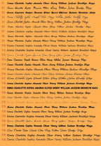 May include: An orange background displays multiple lines of text in various fonts. Each line contains the names "Emma Charlotte Sophia Amanda Oliver Henry William Jackson Brooklyn Maya".