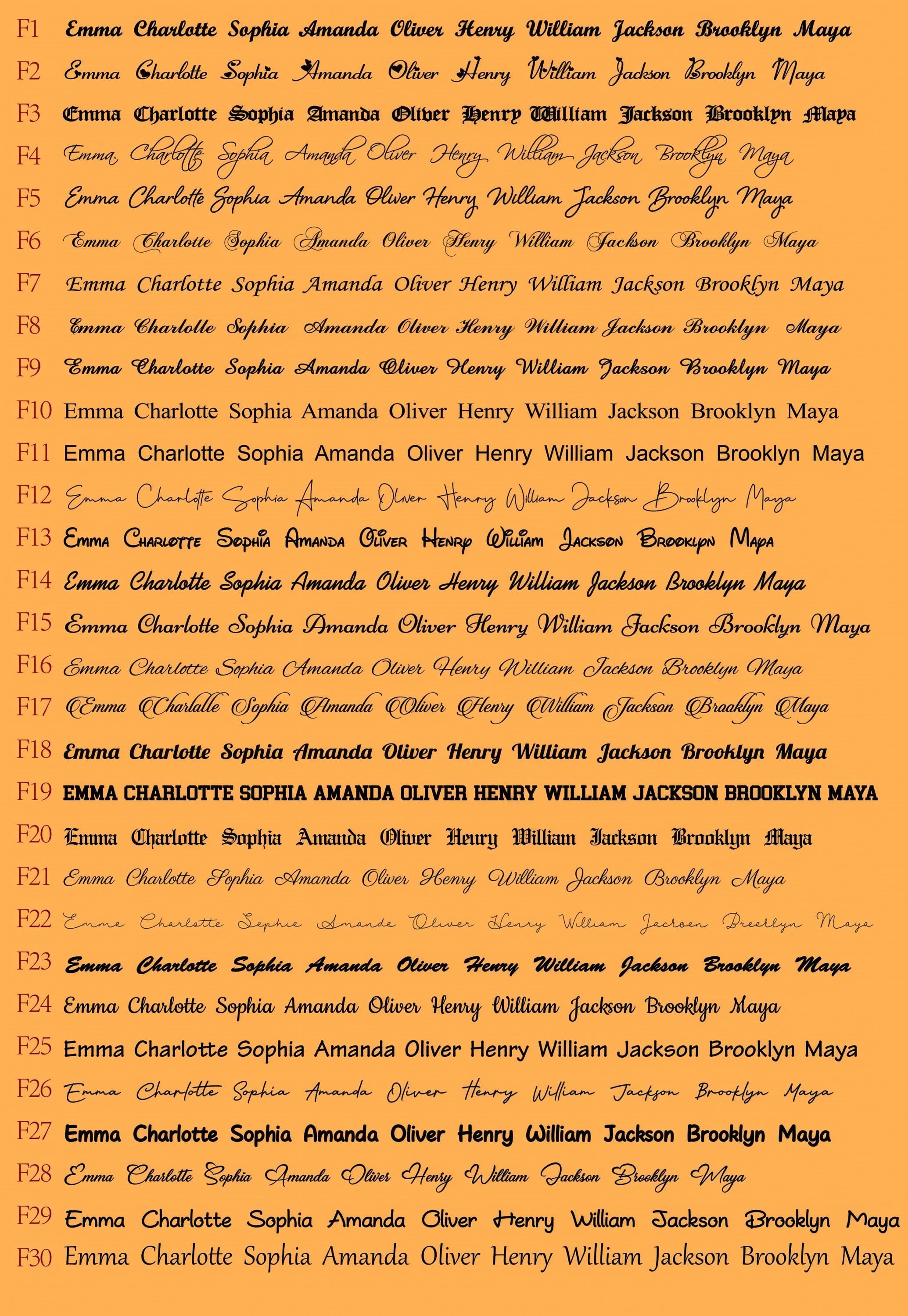 May include: An orange background displays multiple lines of text in various fonts. Each line contains the names "Emma Charlotte Sophia Amanda Oliver Henry William Jackson Brooklyn Maya".