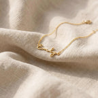 May include: A delicate gold-colored necklace with the name "Emily" in cursive script. The necklace is displayed on a beige, textured fabric, highlighting the jewelry's elegant design. The chain is thin and the clasp is visible.